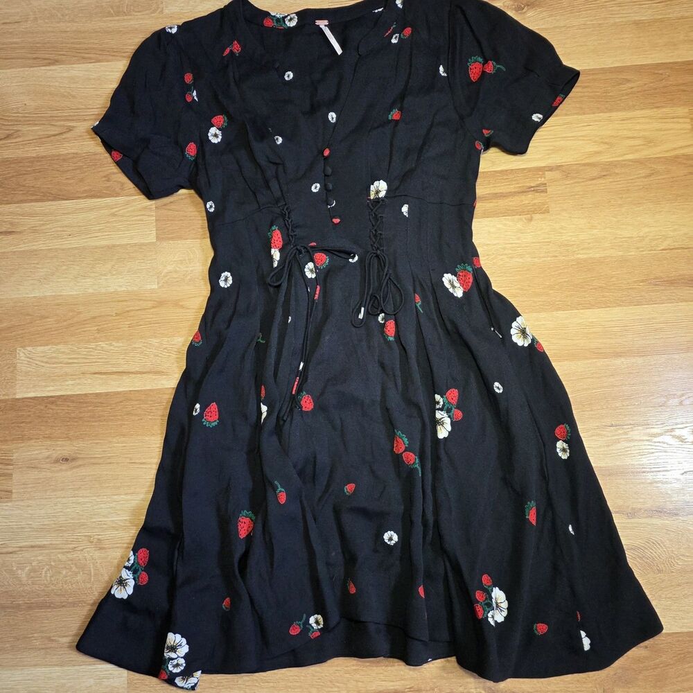 Free People Dress Corset Waist Women's Size 2 Black Strawberry Floral Midi Boho